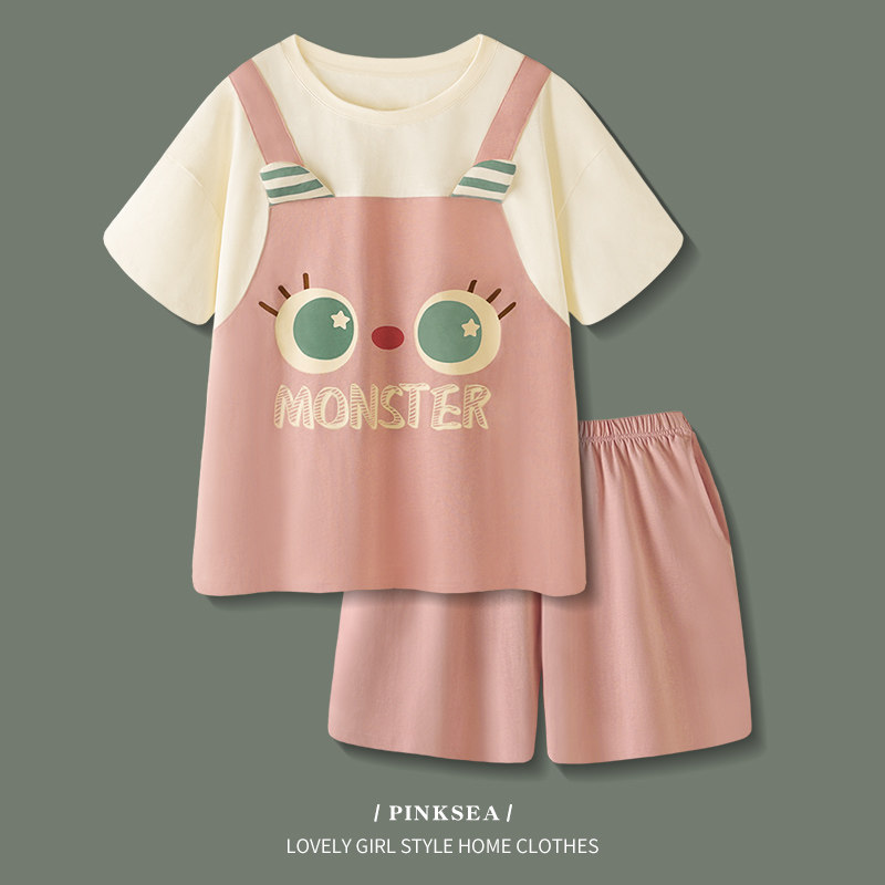 情侣睡衣女夏季凉感纯棉短袖套装可爱小怪兽大码可外穿男士家居服