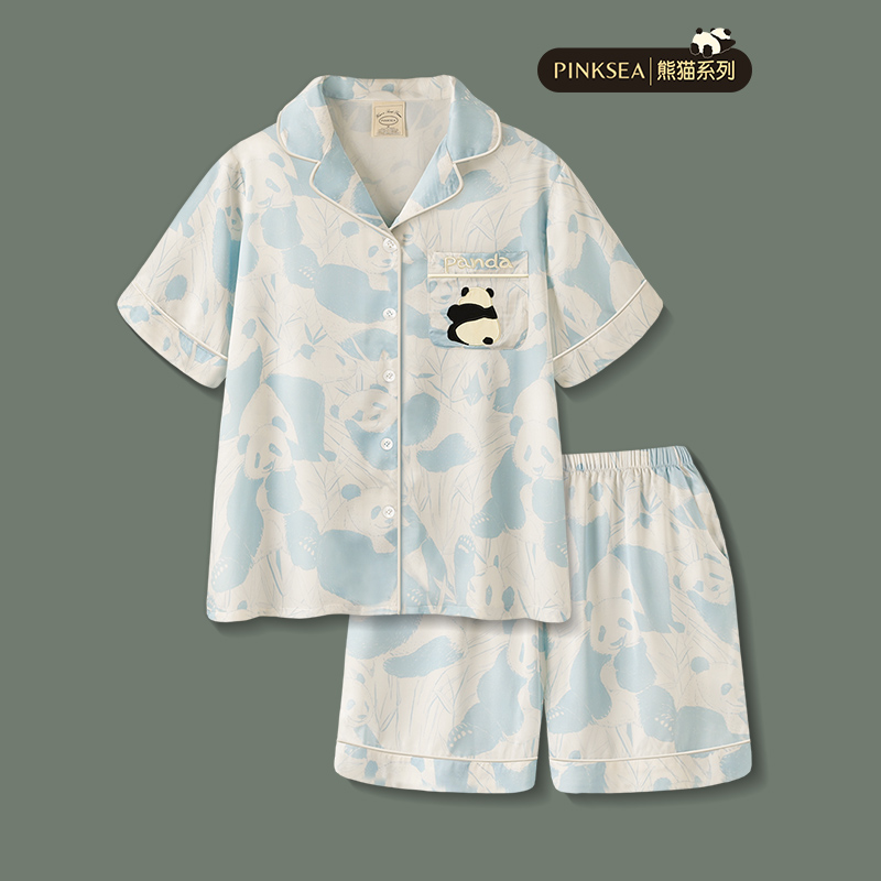 Pinksea冰丝睡衣女夏季高级感熊猫短袖可外穿新款家居服夏天套装