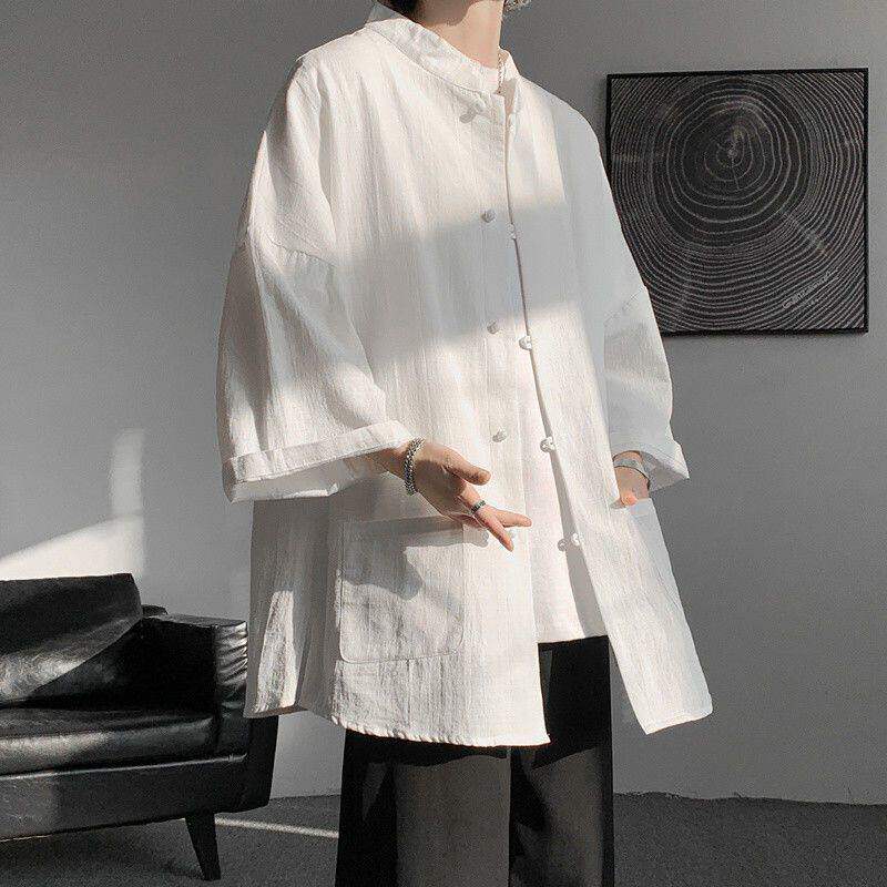 中山装夏季亚麻短袖外套男七分新中式国风汉服加肥加大码衬衫套装