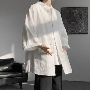 中山装夏季亚麻短袖外套男七分新中式国风汉服加肥加大码衬衫套装