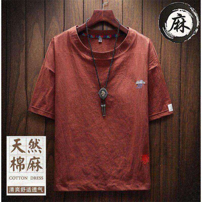 棉麻T恤男短袖刺绣日系复古薄款加肥加大码宽松半袖亚麻圆领上衣