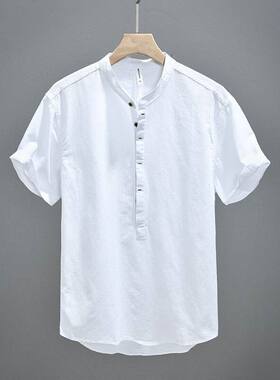 中国风夏季男士亚麻衬衫棉麻上衣短袖立领白色衬衣中式国风套头衫