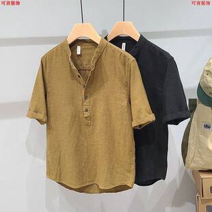 纯色亚麻立领短袖衬衫男士工装夏季新款简约棉麻时尚青年休闲衬衣