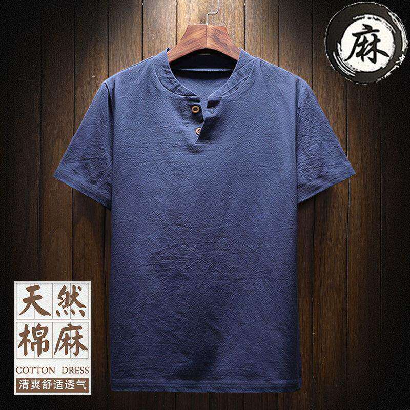 棉麻短袖t恤男上衣宽松亚麻料T血薄款胖子半袖加肥加大码男装体恤