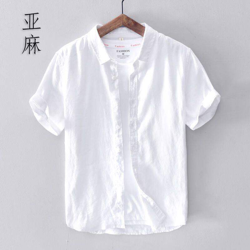 亚麻衬衫男短袖宽松夏季薄款简约纯白色棉麻衬衣商务休闲寸衫外套