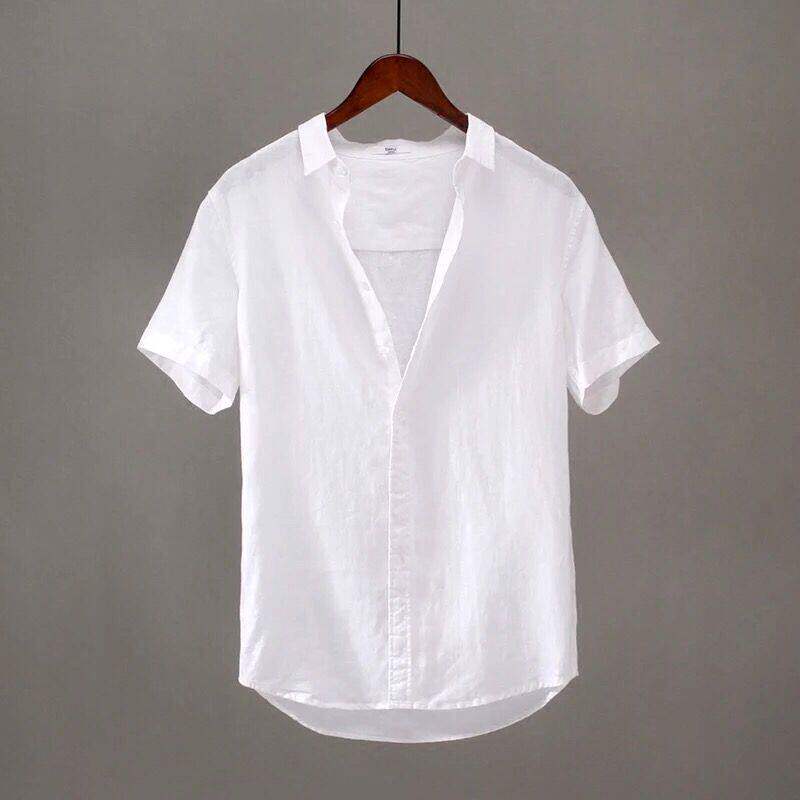 夏季薄款短袖亚麻衬衫男纯色翻领休闲衬衣宽松柔软棉麻青年小清新