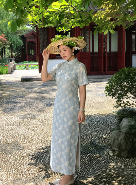 国风中式改良裙2026夏季新款日常蓝色碎花收腰显瘦大码旗袍