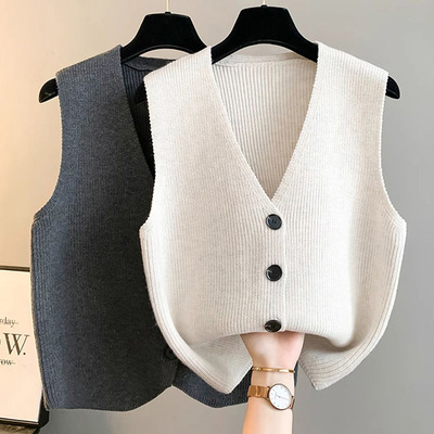 2025春秋新款v领纯色坑条针织马甲背心女外搭叠穿坎肩毛衣开衫女