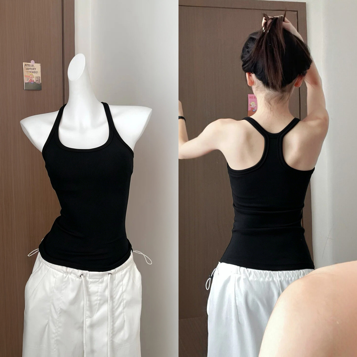 黑色吊带带胸垫背心女2026新款夏修身外穿内搭遮副乳美背挂脖上衣