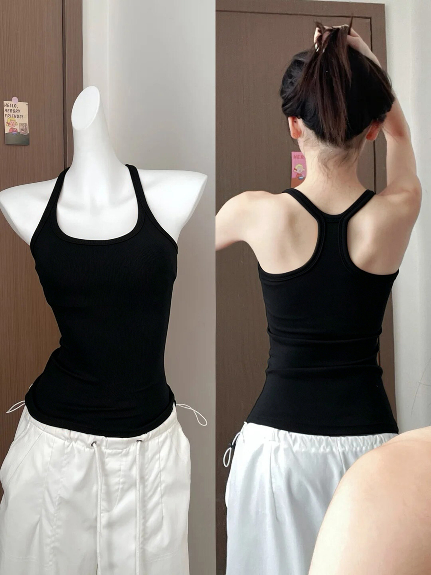 黑色吊带带胸垫背心女2026新款夏修身外穿内搭遮副乳美背挂脖上衣