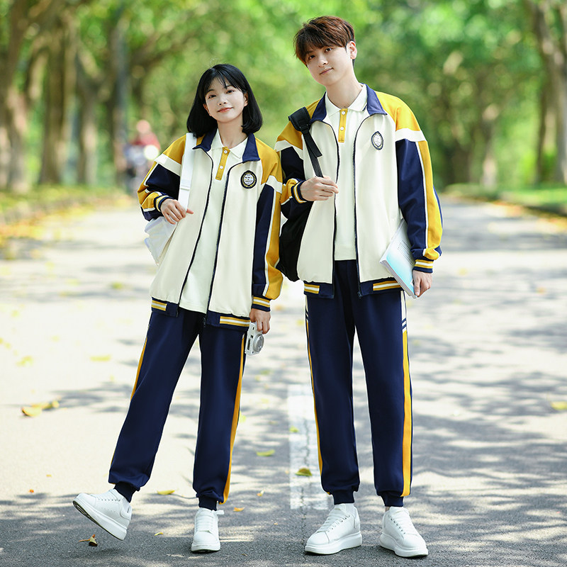 初中生班服学院风秋季拼色宽松外套高中生小学生韩版短袖校服套装