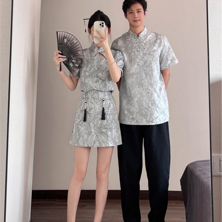 新中式情侣装国风套装改良旗袍年轻款少女盘扣上衣半身裙两件套夏