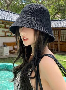 2025新款韩国东大门镂空草帽时尚遮阳防晒帽子女韩版水桶渔夫帽