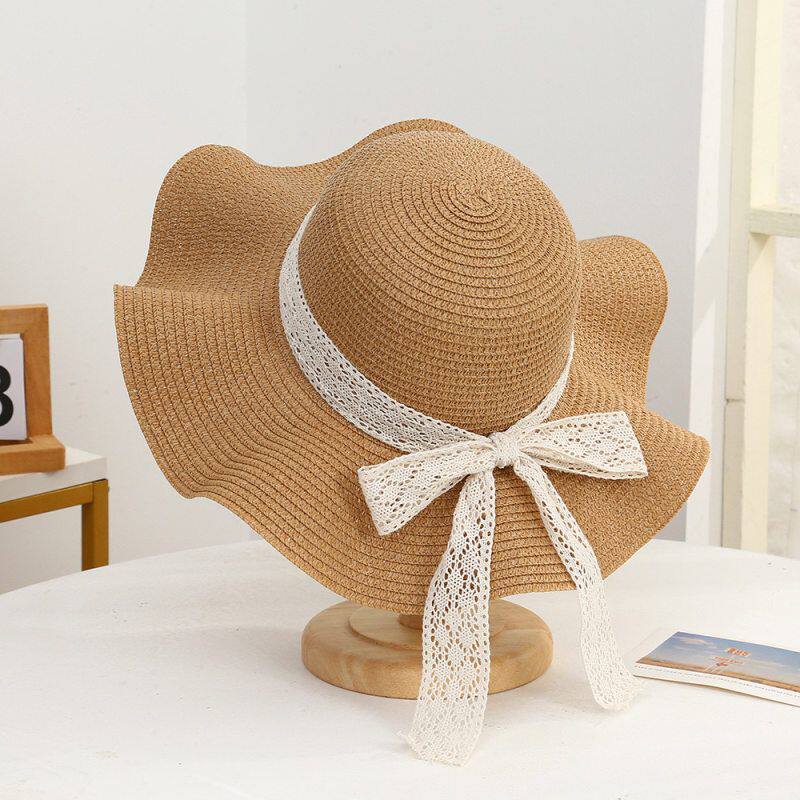 甬制度假新款透气沙滩帽遮阳蝴蝶结 甜美蕾丝纯色 草帽太阳帽出游