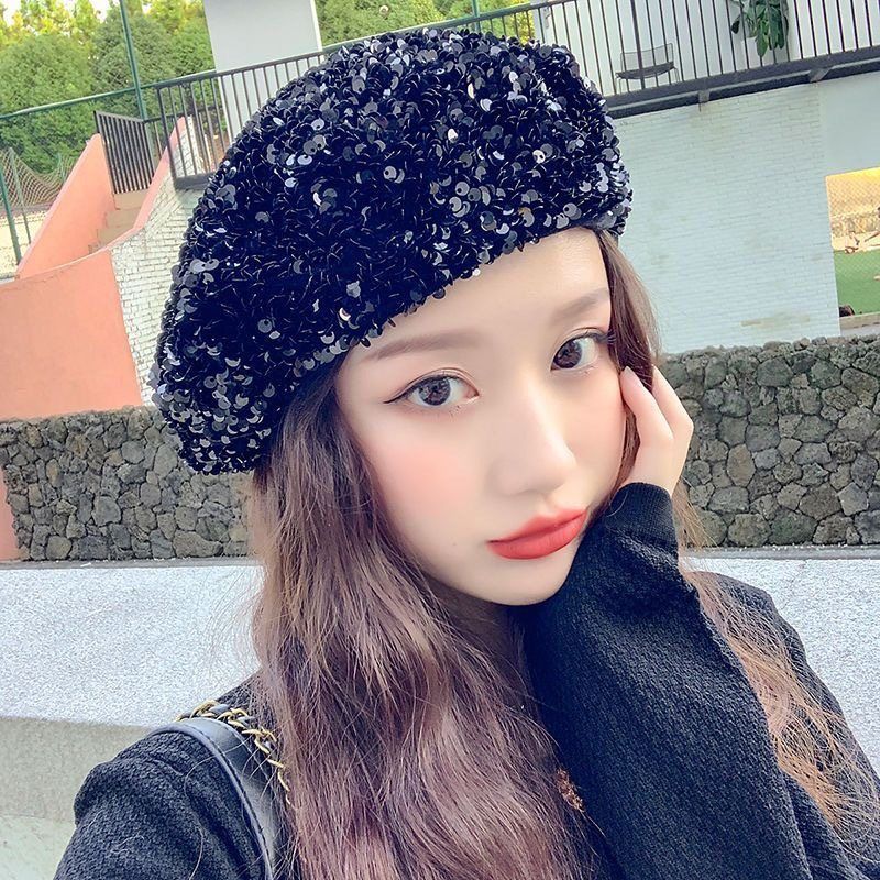 甬制帽子画家春秋潮流大牌闪闪蓓蕾帽彩色亮片韩版帽百搭冬贝雷女