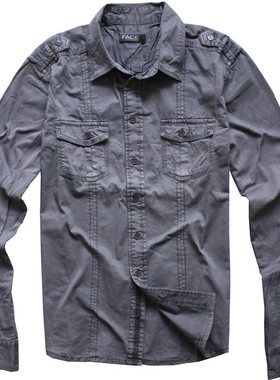 男士工装秋重水洗做旧复古VINTAGE双胸袋简章军款深灰色长袖衬衫