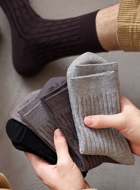 秋冬季男士仿羊毛麻花保暖加厚袜子舒适简约百搭中筒商务休闲纯色