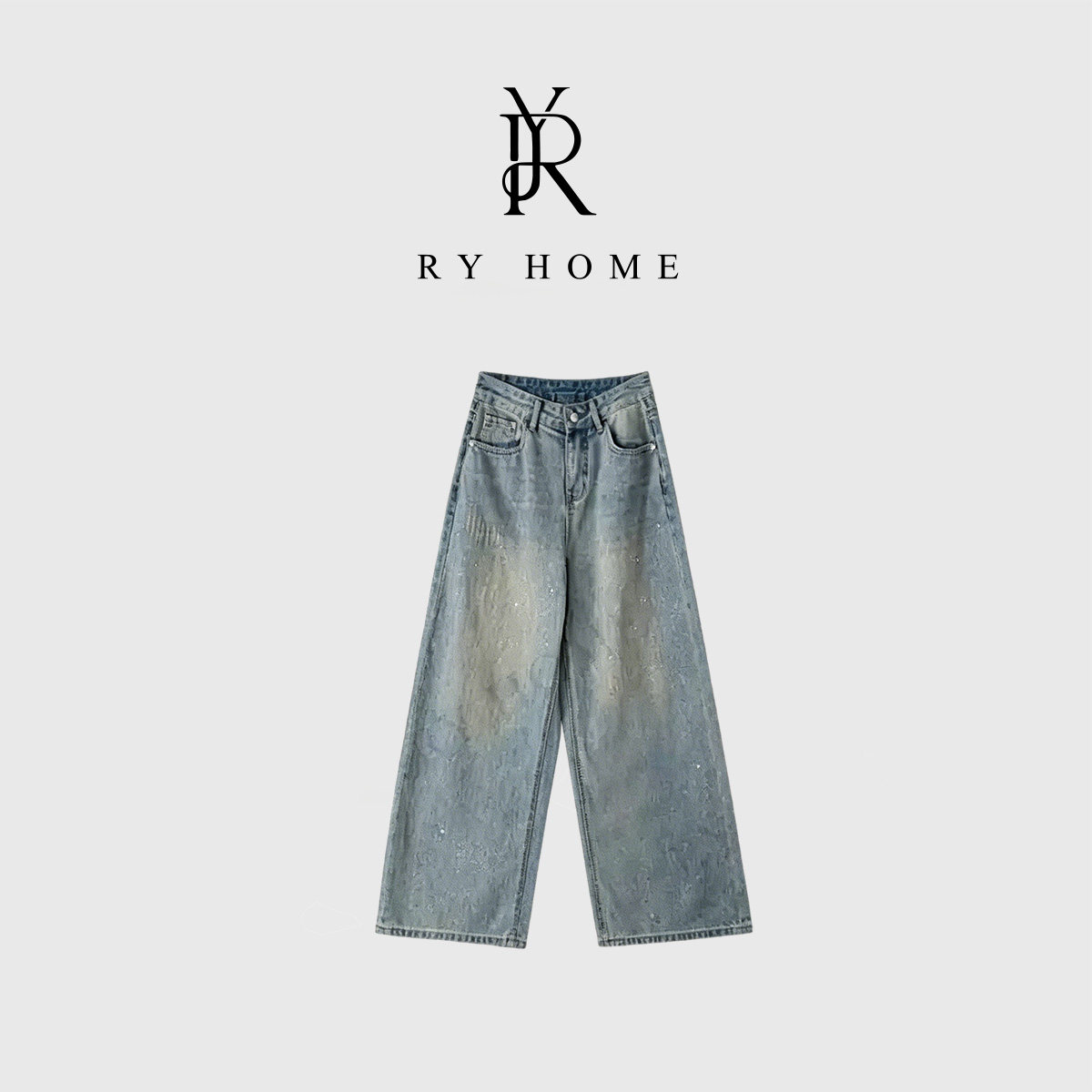 RYHOME 容雨100%棉纳米洗水镶钻高腰阔腿直筒牛仔裤261K2952