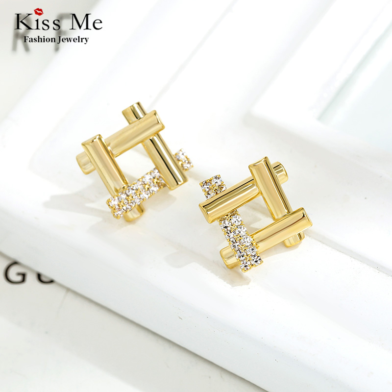 简约气质几何形耳钉小巧精致淑女小众耳环s925银针潮流锆石耳饰品