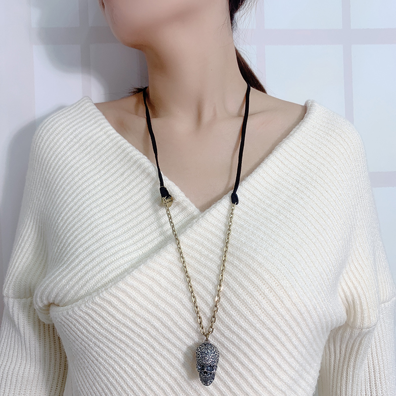 欧美复古镀金骷髅头项链网红同款嘻哈朋克颈链个性霸气男女毛衣链