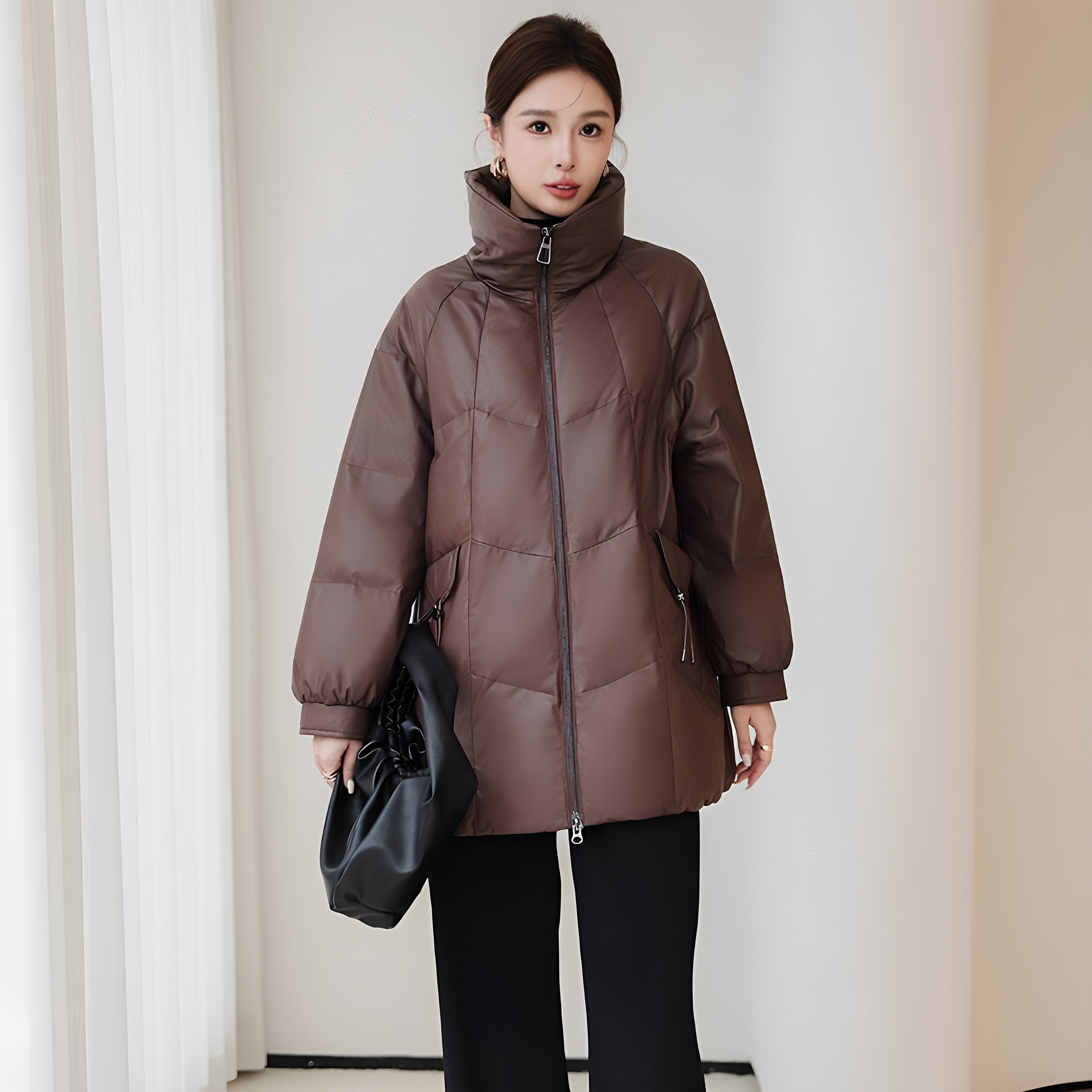 美茱真皮90鸭绒绵羊皮羽绒服2026冬季新款宽松棕色皮衣中长外套女