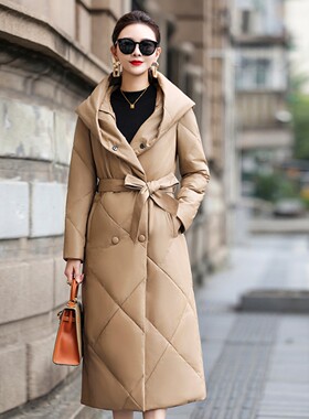 海宁真皮绵羊皮鹅绒羽绒服长款外套女2025冬季新款收腰双排扣皮衣