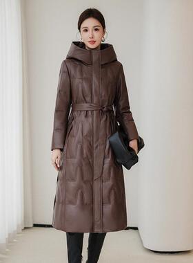 海宁真皮鹅绒羽绒服绵羊皮2025年冬季新款修身连帽长款皮衣外套女