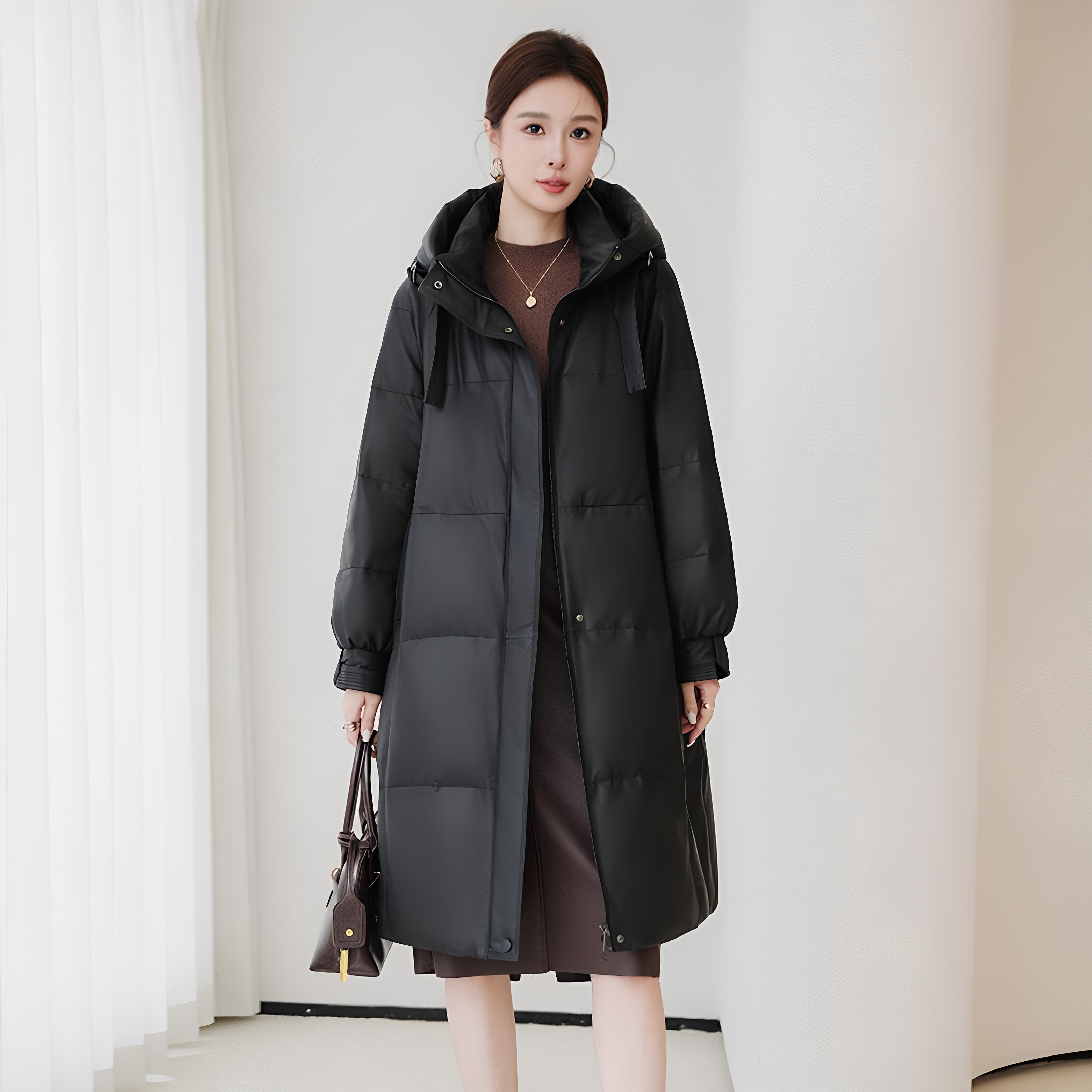 美茱真皮90鸭绒绵羊皮羽绒服2026冬季新宽松中长连帽保暖皮衣外套