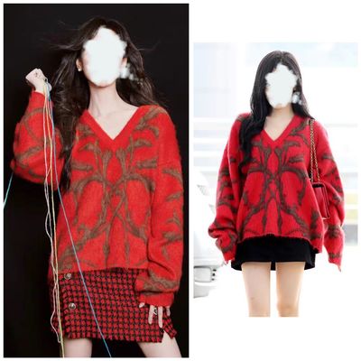 陈都灵宁艺卓同款软糯马海毛红色毛衣女冬季针织衫宽松上衣毛线衣