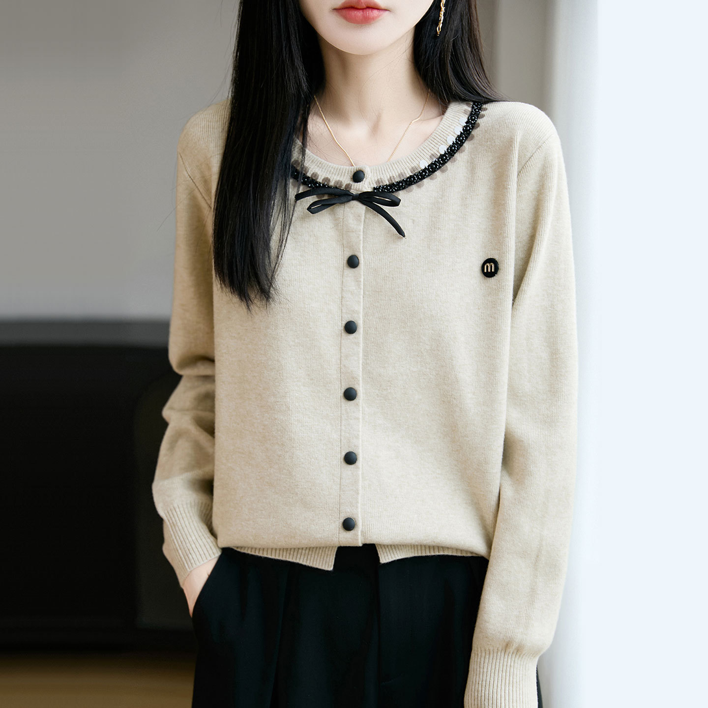 【厂家直供】圆领开衫针织外套上衣女秋季息款减龄显瘦毛衣外搭衫