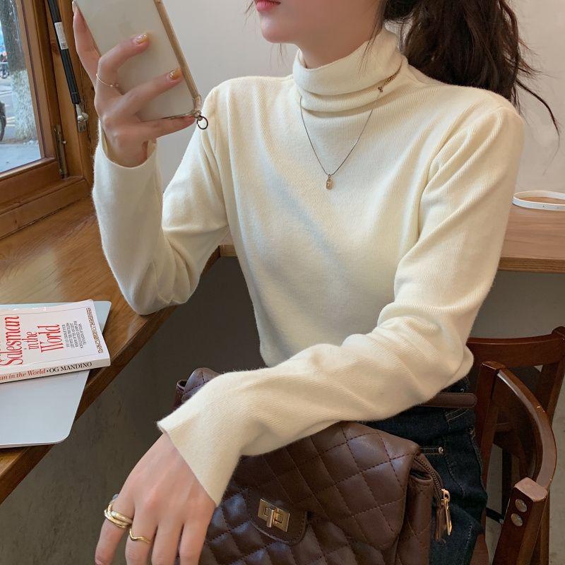 燕麦色针织打底衫女内搭秋季修身显chic高领堆堆领打底毛衣上衣冬