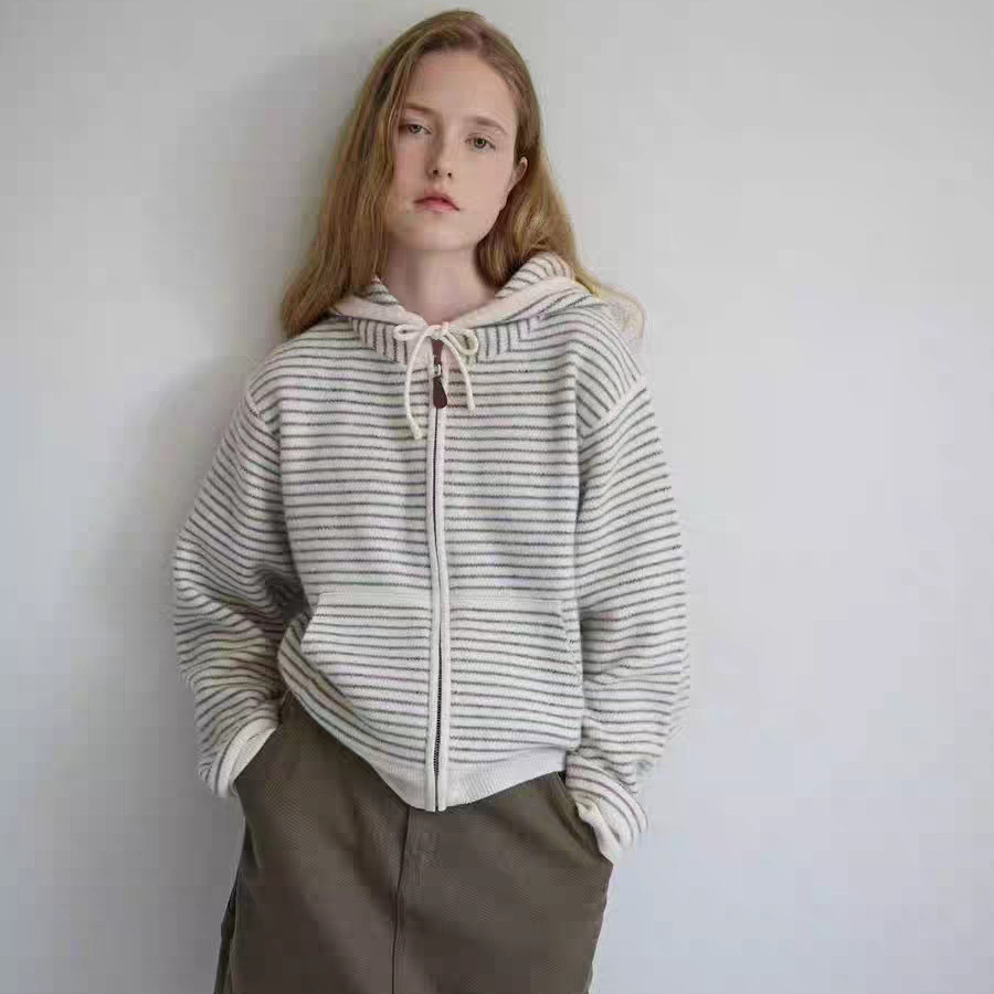 现货 2025秋季新款韩版ga*rielle宽松毛衣外套连帽拉链针织开衫女