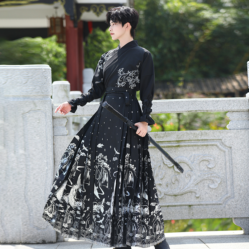 新款原创男中国风刺绣交领上衣烫银马面裙汉服古风武侠风男女套装