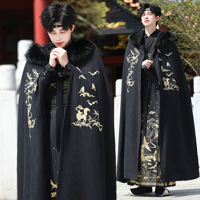 原创汉服男士秋冬黑色长款刺绣花金狐中国风加绒加厚斗篷连帽披风