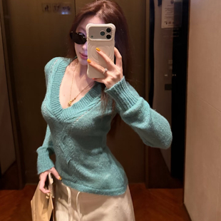 纯欲风深V领镂空细闪针织衫毛衣打底秋冬辣妹收腰显瘦长袖上衣女
