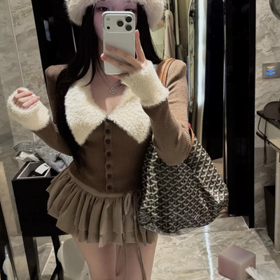 拼接撞色毛毛翻领长袖针织衫上衣