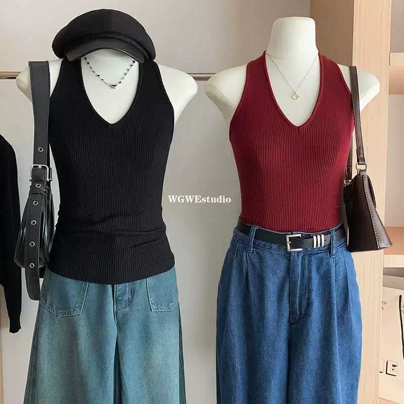 欲风港味挂脖背心v领修身上衣女