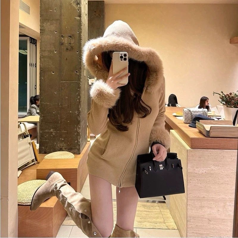 韩版2024秋冬新款针织开衫毛领拉链连帽卡其色百搭小个子气质外套,女装/女士精品,毛针织衫,淘宝优惠券,粉丝福利购,淘宝优惠卷