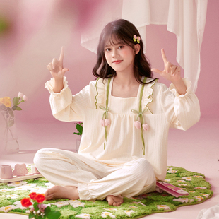 中大童公主风带胸垫纯棉女童睡衣长袖长裤春秋韩版可爱家居服薄