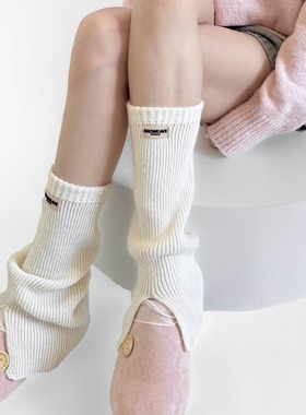 Wuuuus羊毛针织袜套女秋冬保暖字母布标堆堆袜叠穿白色小腿套靴袜