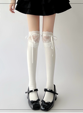 Wuuuus 白色长筒过膝袜夏季薄款蕾丝飘带蝴蝶结jk日系小腿袜子女