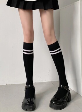 Wuuuus 白色袜子女夏季薄款中筒袜ins学院风两条杠黑色小腿袜潮秋