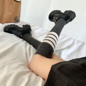 Wuuuus 袜子女春秋款 tb四条杠学院风小腿袜jk日系百搭灰色长筒袜