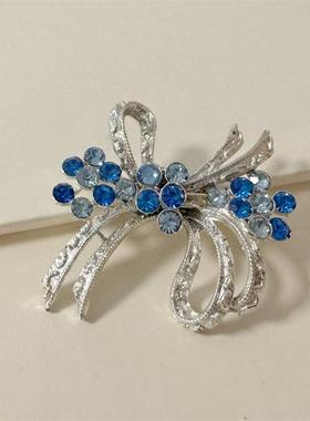 美采现货vintage中古Coro打标质感银色蓝色水钻丝带蝴蝶结胸针