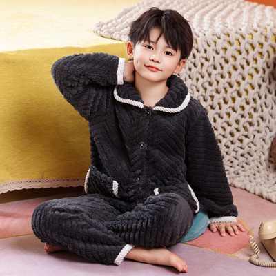 男童睡衣法兰绒秋冬季加厚保暖家居服珊瑚绒男孩套装中大童可外穿