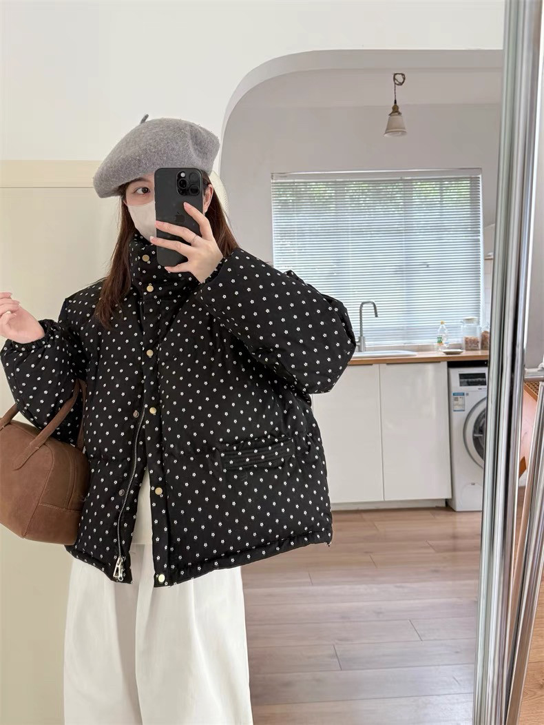 Wuli 25冬韩复古甜美格雷系小花波点立领羽绒服女短款宽松外套女
