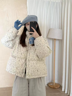 Wuli 25冬韩田园小碎花灯芯绒短款白鸭绒羽绒服女宽松外套面包服
