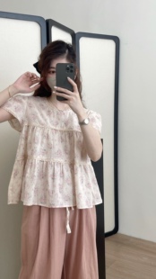 Wuli 24夏季新款碎花娃娃衫印花宽松短袖复古文艺蕾丝上衣衬衫女