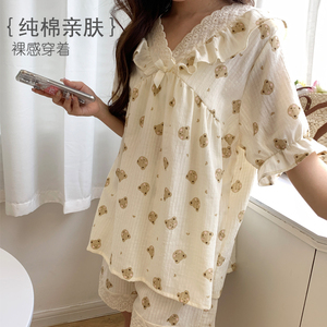 睡衣女夏季新款纯棉双层纱布宽松女士短袖短裤套装卡通蕾丝家居服