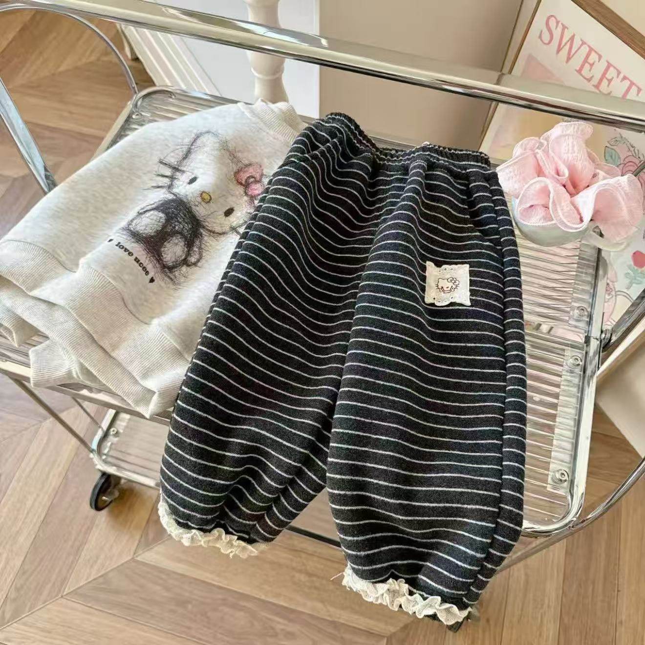 女童卡通套装秋冬加绒kt猫上衣绒衫宝宝条纹花边宽松束脚裤裤子冬,童装/婴儿装/亲子装,裤子,淘宝优惠券,粉丝福利购,淘宝优惠卷
